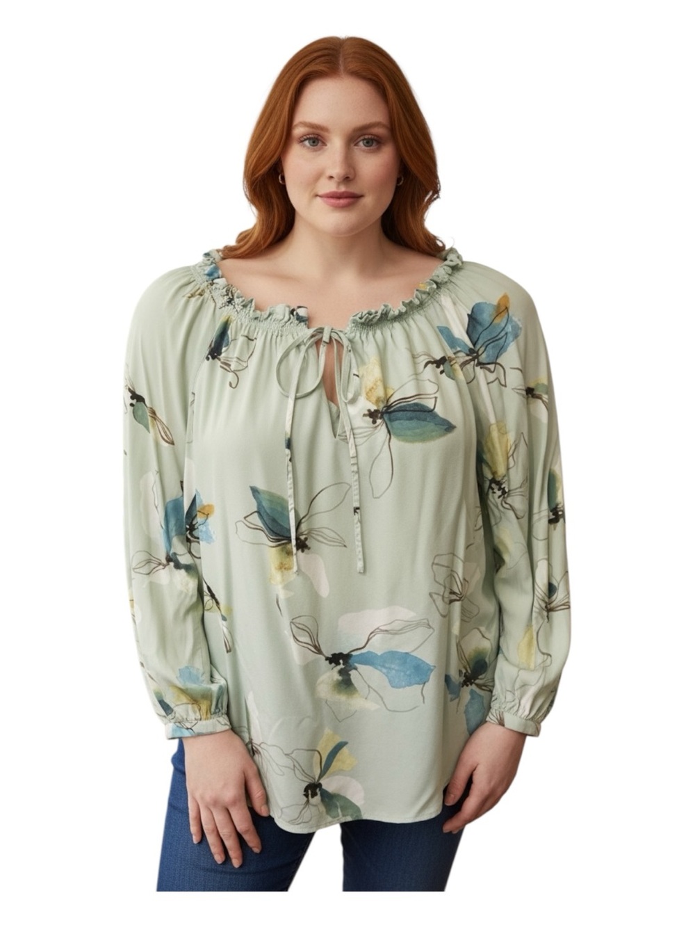 a new day Sage Green Plus Size XXL Floral Ruffle Tie-Neck Blouse